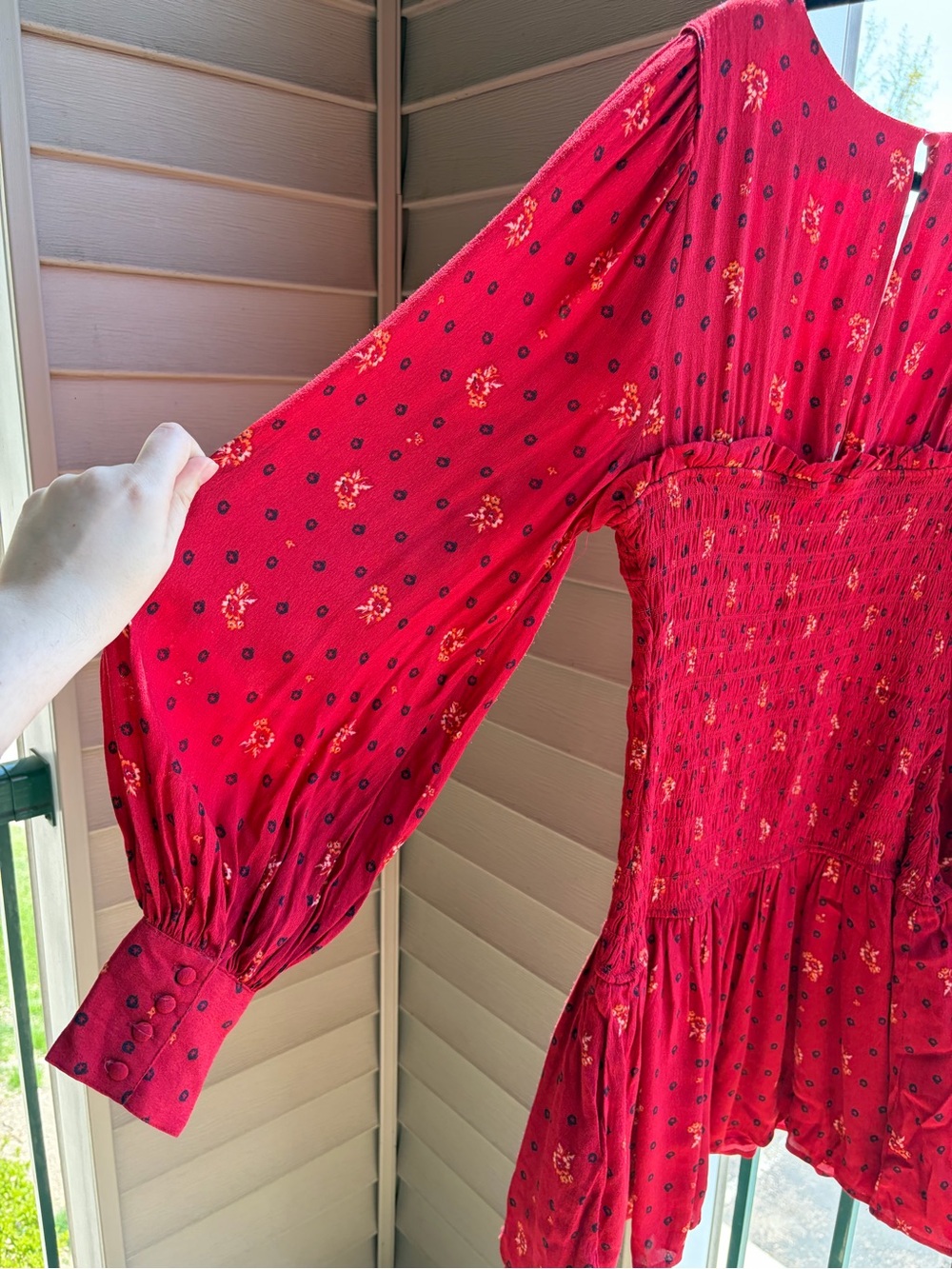 🆕🌹Free People Ruby Combo Smocked Mini Dress Boho Long Sleeve Red Floral XL Chic - Picture 9 of 17